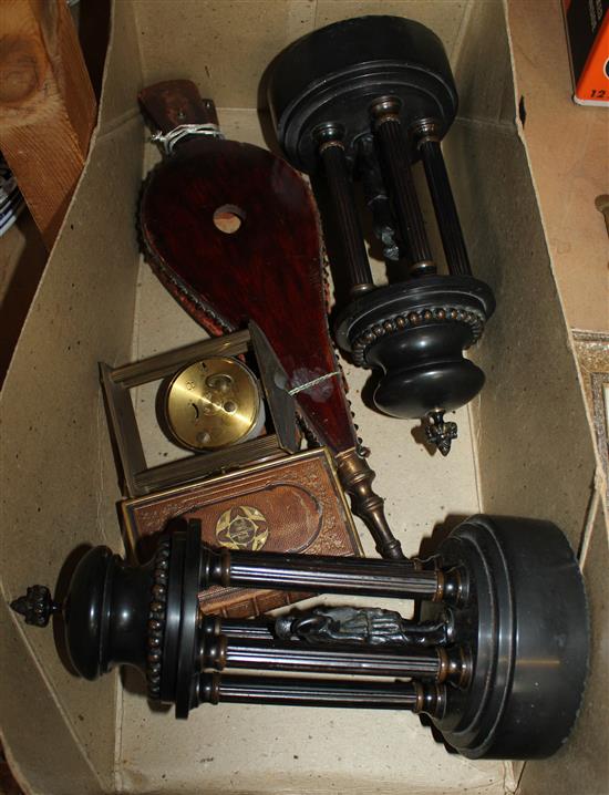 Rowland Ward hoof bellows, pair black slate garnitures and other items(-)